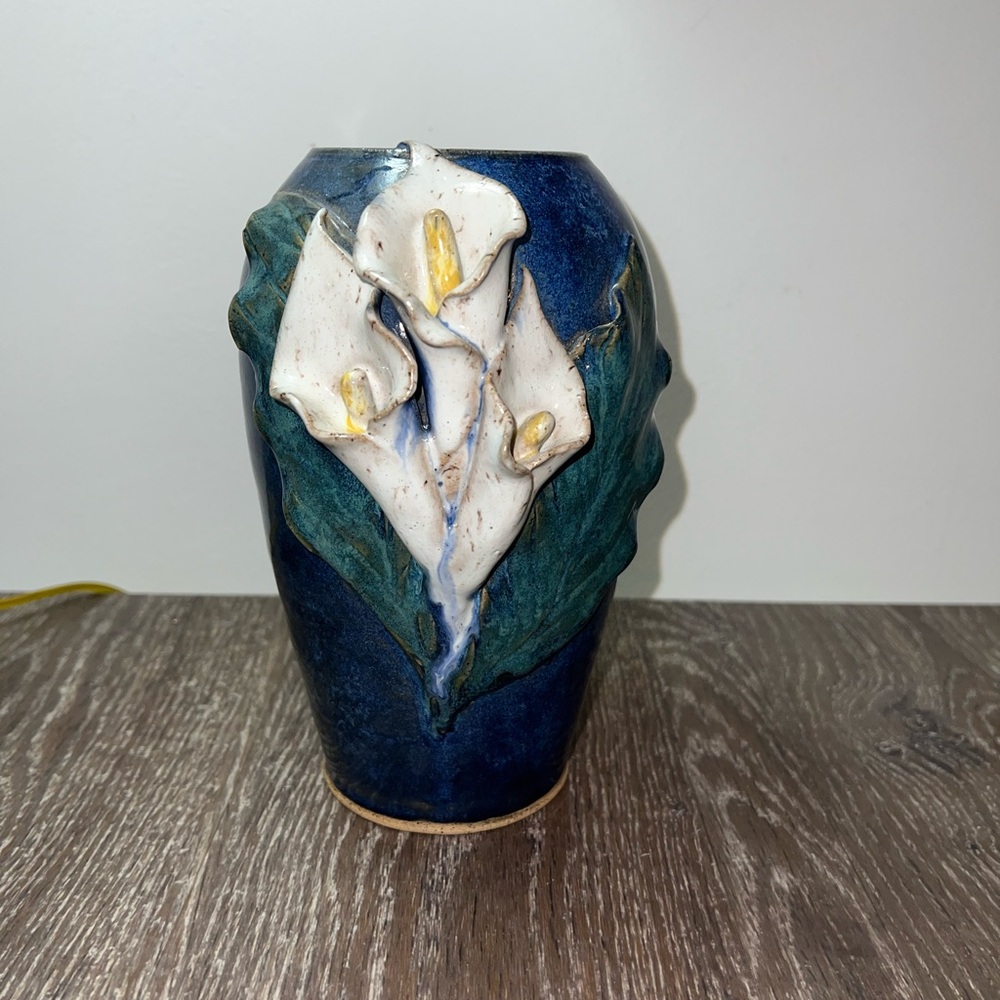 Handmade Ceramic Vase with White Calla Lily Relief